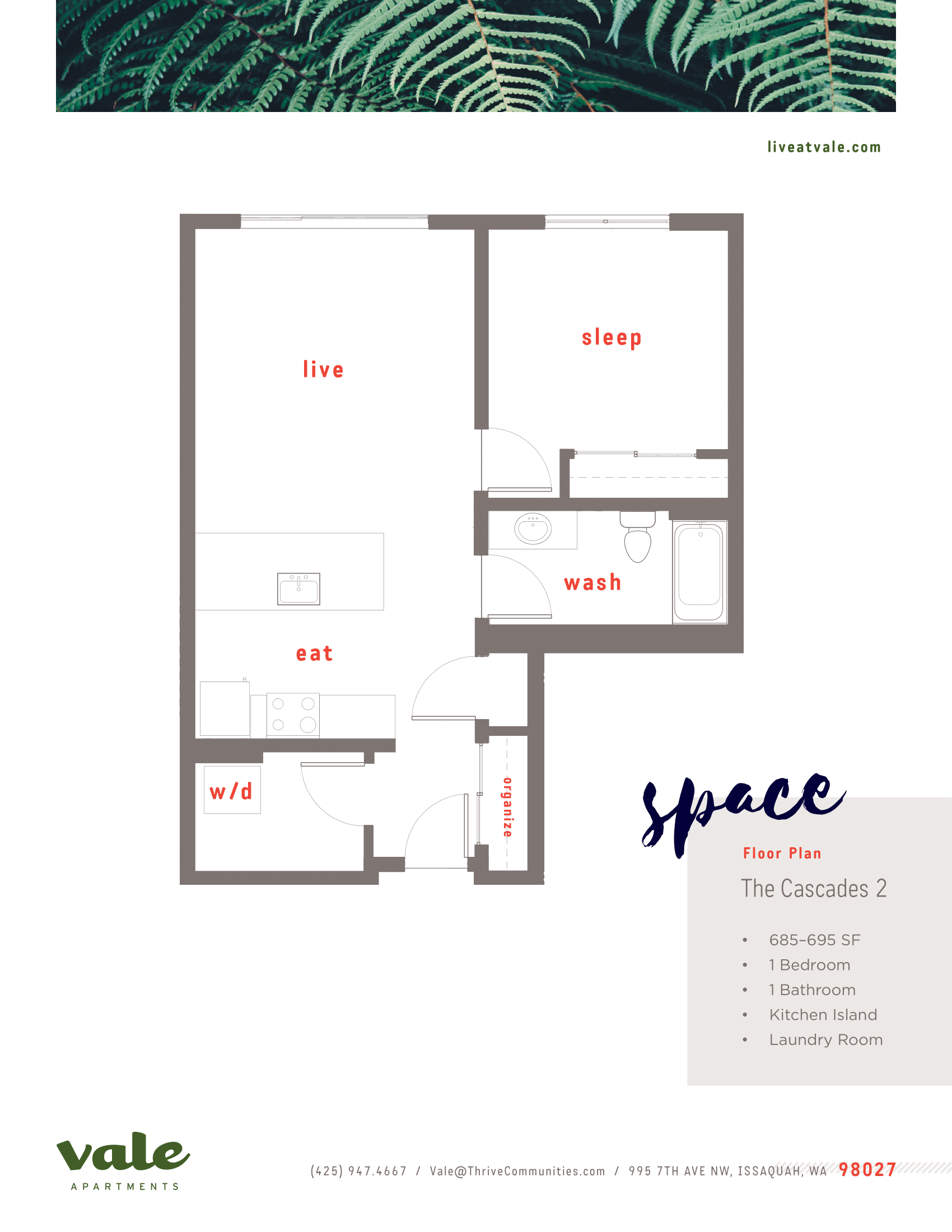 Floor plan for 1 bed, 1 bath, 692 sqft